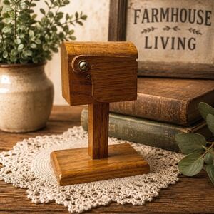 VTG Oak Wooden Mailbox Coin Bank Rustic Farmhouse Savings Bank Desktop Decor